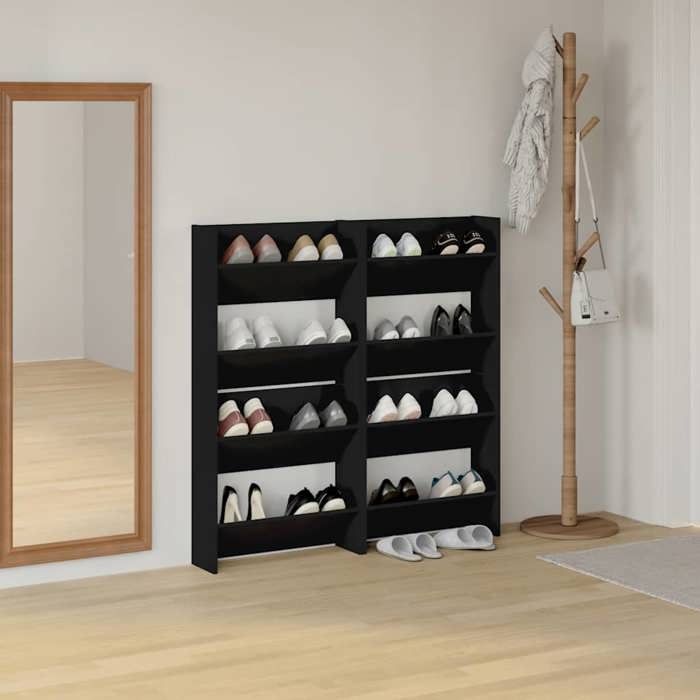 8655 Armoires à Chaussures Murales 4 Pcs Noir 60 x 18 x 60 cm en bois dingénierie avec 2 étagères pour Entrée et Dressing