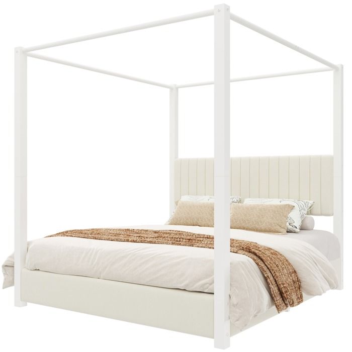 ELVORIN lit à baldaquin rembourré 180 x 200 cm structure en métal tête de lit capitonnée velours beige et blanc style moderne