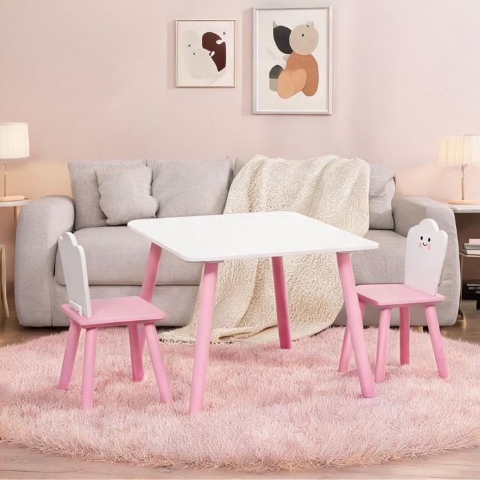 Table et 2 chaises enfant en pin et MDF rose chaleureux plateau 60 cm pour activités créatives