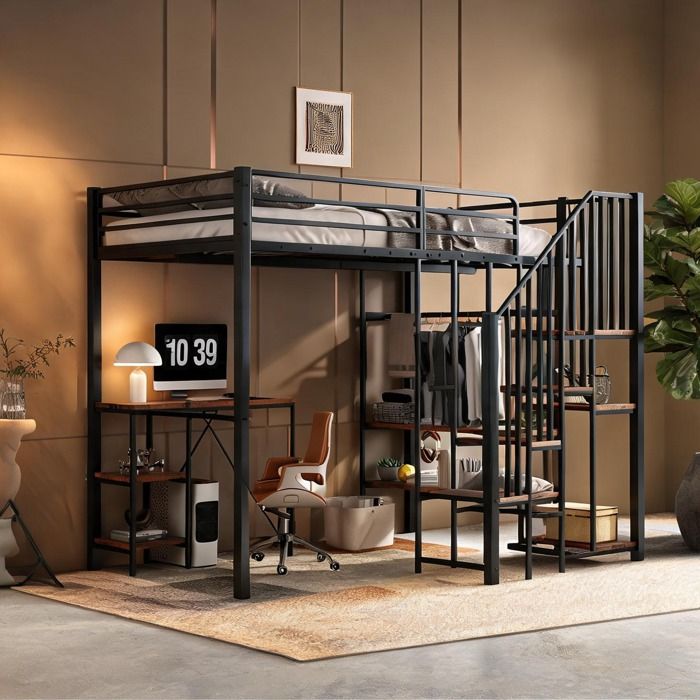 Lit superposé gain de place avec bureau étagères et rangement 120x200 cm noir et bois vintage