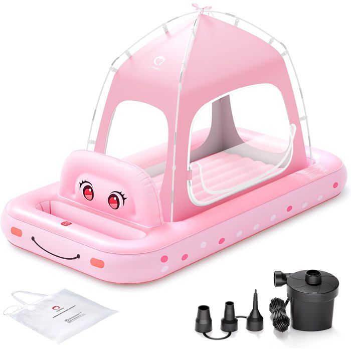 QPAU Matelas gonflable enfant avec tente princesse amovible lit de voyage rose avec pompe électrique dès 3 ans 198 x 109 cm