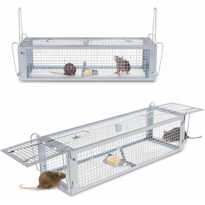 Piège à rat XL 2 portes - cage de capture réutilisable maille métallique 43 x 14 x 12 cm usage intérieur et extérieur