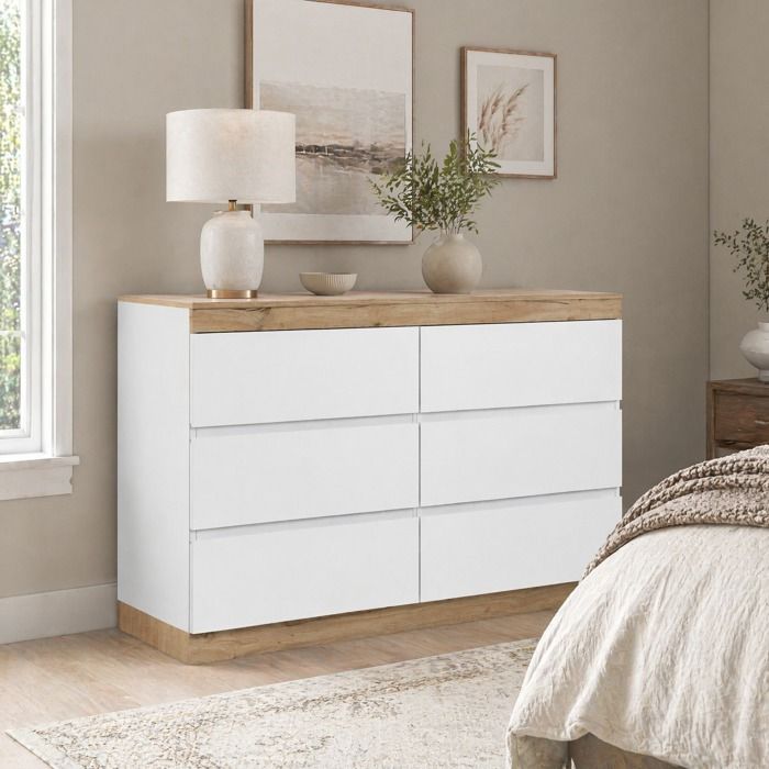Commode 6 Tiroirs Grand Espace de Rangement Style Classique - MODENVIE - Chambre Salon Blanc et Chêne