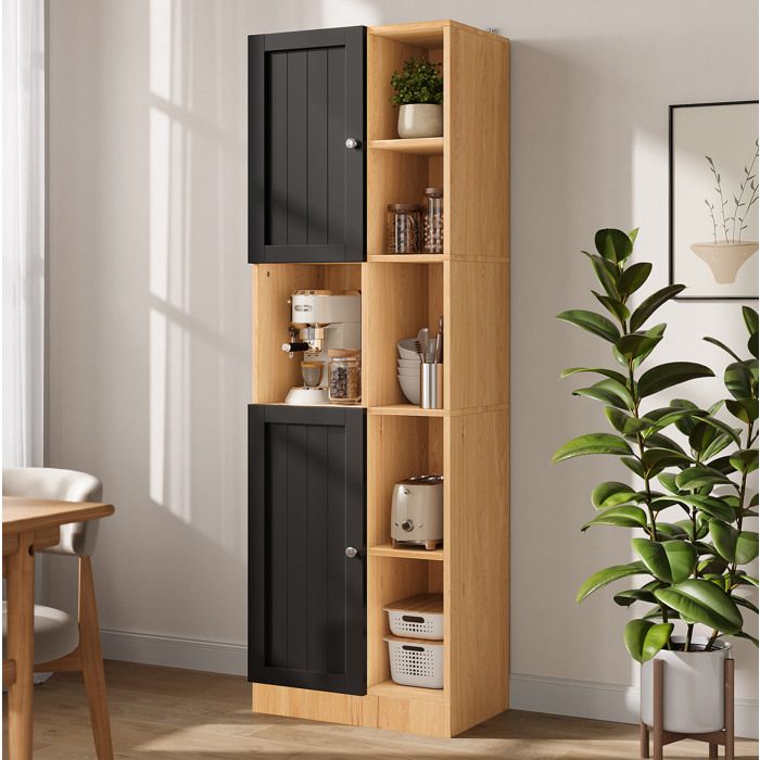 Meuble dangle avec 6 niches 2 portes et étagères réglables anti-basculement pour cuisine 50×35 5×170 cm anthracite/chêne