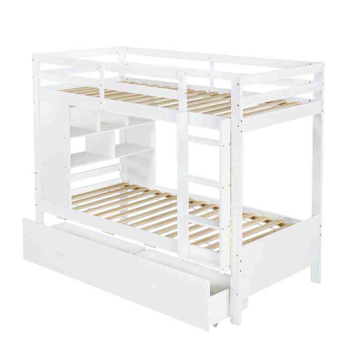 Lit superposé enfant 90x200 cm en bois avec 2 tiroirs étagère ouverte échelle et rangement blanc