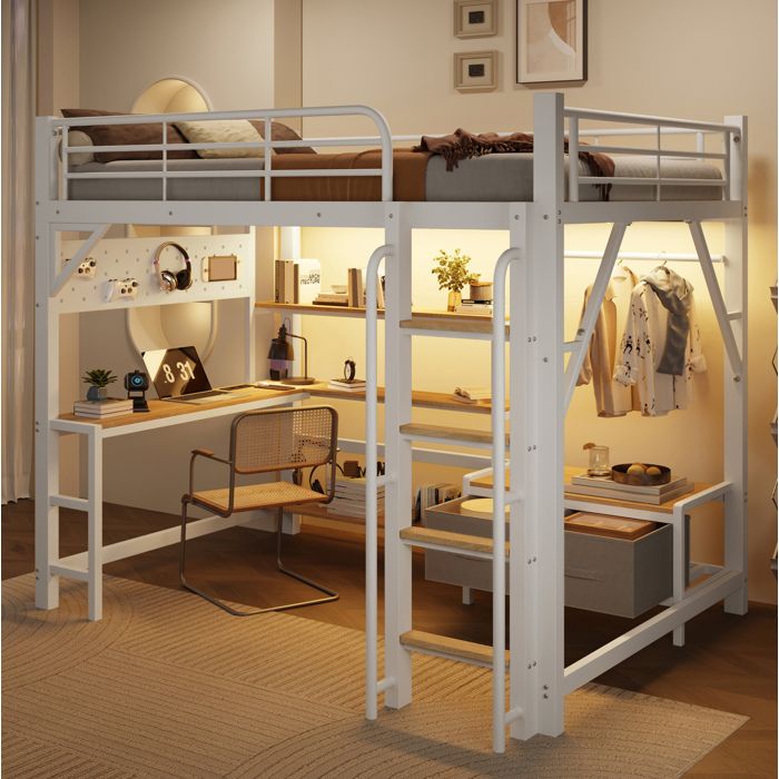 Lit mezzanine 140x200 cm avec bureau intégré rangements tiroirs en tissu LED et USB blanc ORVRYN