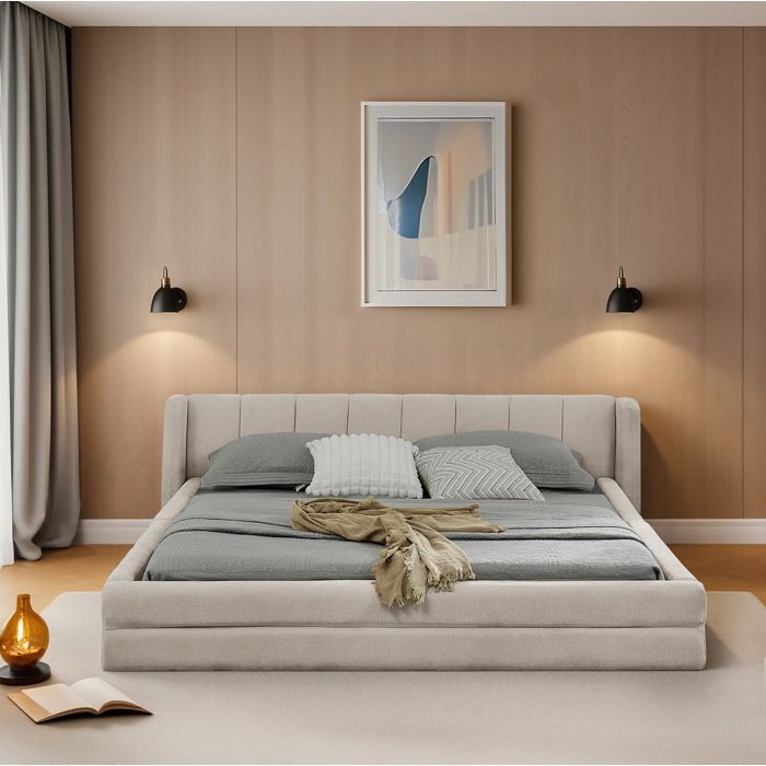Lit double 160x200 cm cadre de lit en chenille beige avec tête de lit et sommier à lattes sans matelas ORVRYN