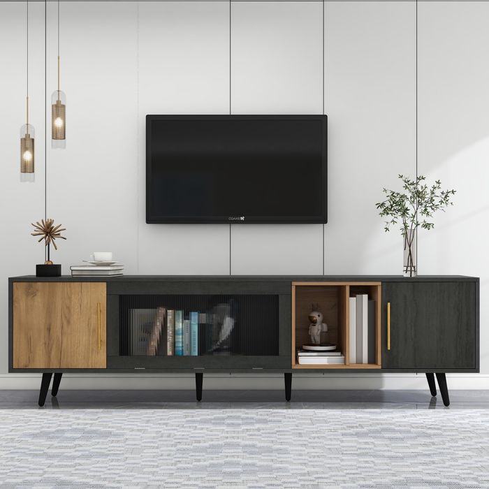Meuble TV 200x40x55 5cm bois foncé 2 portes vitre rabattable rangement ouvert gestion câbles pour écran 90 design élégant