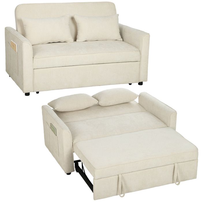 Canapé convertible 2 places - HOMCOM - clic clac - dossier réglable poches latérales - chenille - 142 x 86 x 86 cm - beige