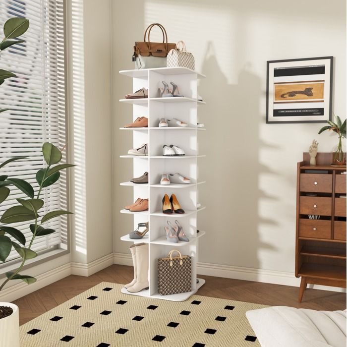 Meuble à chaussures rotatif 7 niveaux 360° 28 paires PVC blanc rangement haut pour bottes