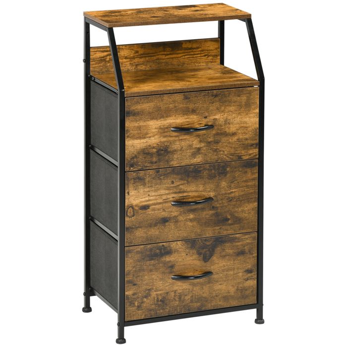 Commode de Chambre Style Industriel - Meuble de Rangement 3 Tiroirs en Tissu et 2 Étagères - 44 x 29 x 92 cm - Marron