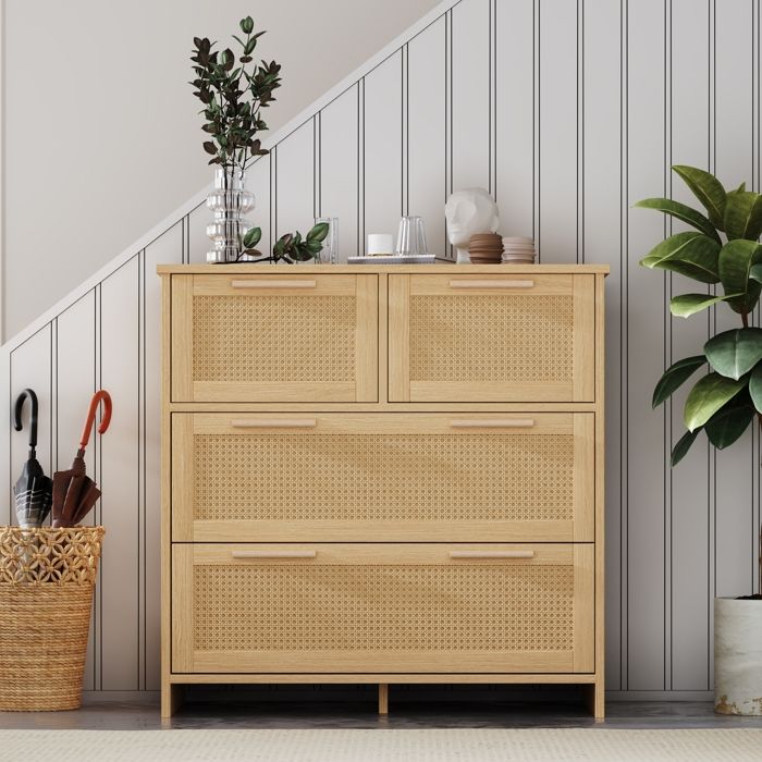 Commode Rotin 4 Tiroirs 80 x 38 x 80 cm Meuble de Rangement en MDF et Bois Massif pour Chambre Salon Entrée Coloris Naturel