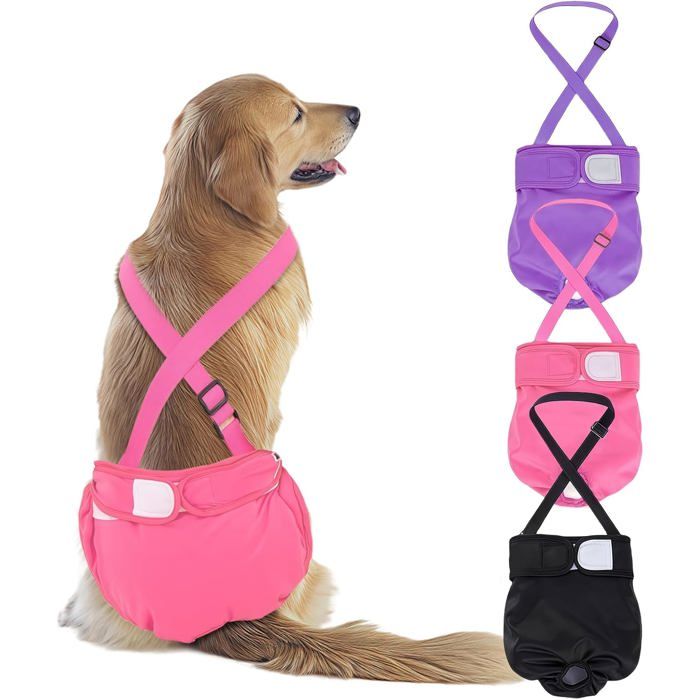3Pcs Couches Lavables Pour Chienne Femelle Avec Bretelles Culotte Chiennes Chaleurs Réutilisables Couches Chien Lavable-Rou[C93]