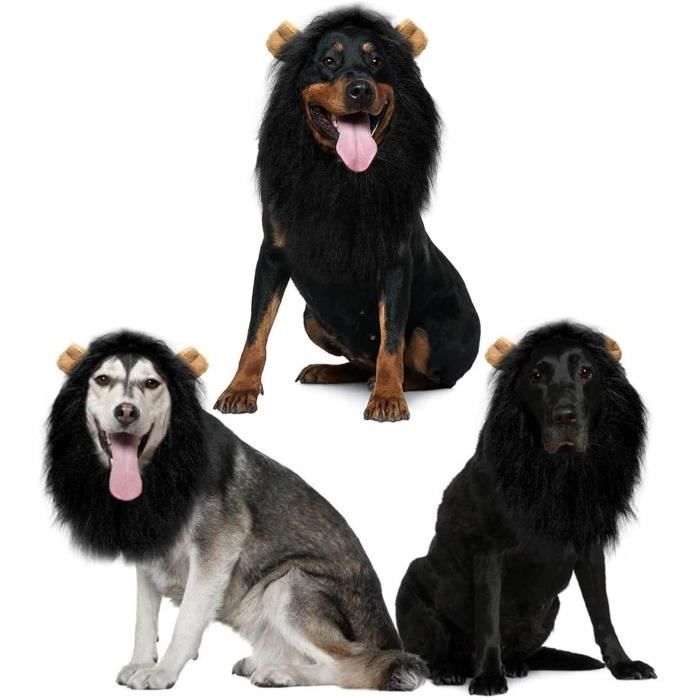 Perruque de crinière de lion pour chien - Costume réaliste et drôle - Perruque de lion réglable (noir)