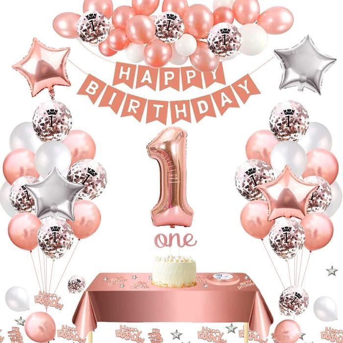 Décoration 1er Anniversaire Fille Thème Nœud Rose - Bannière 'Happy 1st Birthday' + Ballons - Kit Complet Fête