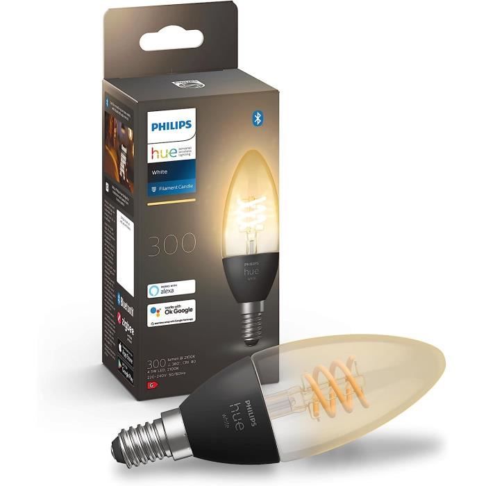 Hue White, Ampoule Led Connectée Filament Flamme E14, Plastique, Blanc