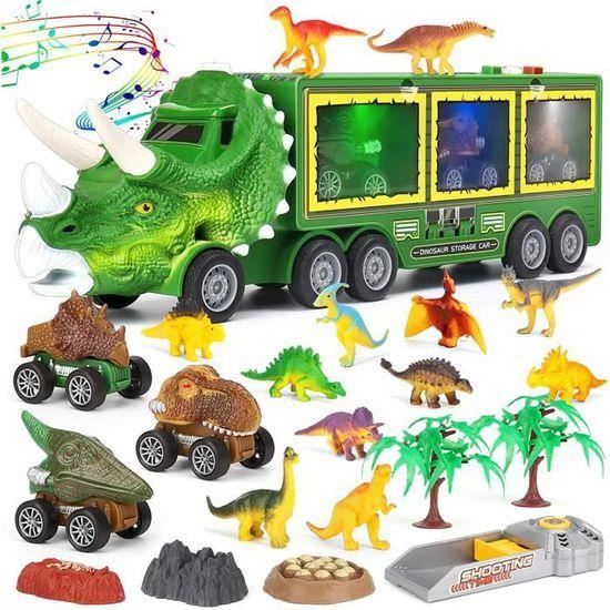 HOTUT Jouet Dinosaure 5-en-1 – Camion Transporteur Avec 4 Petits Dinosaures – Sons Et Lumières – Sans Piles Pour La Friction – Dès 2 Ans – ABS Résistant