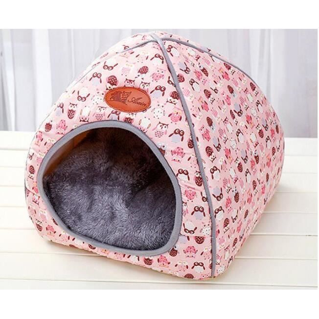 2 En 1 Maison Et Coussin Pour Chien Chat Forme De Yourte Avec Tapis Corbeille Pliable Chaud Taille L Rose Dessin Hibou