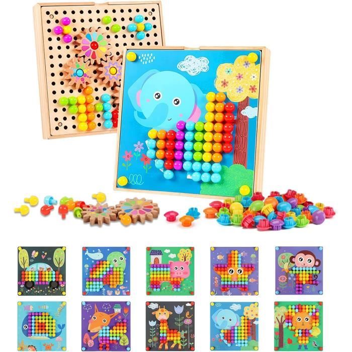 Jeu Mosaïque Enfant éducatif - 12 Cartes Et 50 Boutons Champignon - Puzzle Coloré Montessori - Pour 2 3 4 Ans