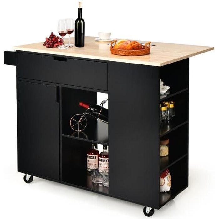 COSTWAY Desserte/Chariot à Roulettes avec Comptoir en Bois de Caoutchouc Pliable Ilot Central Cuisine avec Porte-épices Noir
