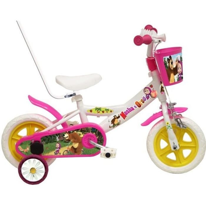 Vélo pour enfant MASHA et MICHKA 10 pouces - DENVER - Cadre acier - Stabilisateurs et canne de guidage