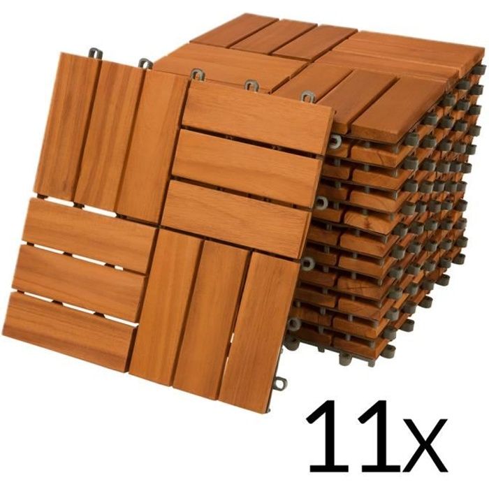 11x Dalles de terrasse en bois dacacia Mosaïque 30x30cm Dalle clipsable 1m² balcon jardin extérieur