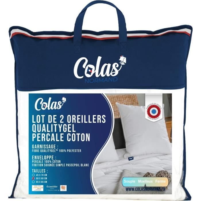 Oreiller percale de coton microgel - 60 x 60 cm - Made in France