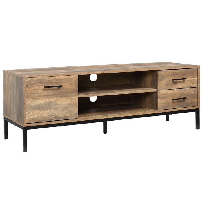 Meuble tv - HOMCOM - banc télé bois pour téléviseur jusquà 50 pouces placard 2 tiroirs niches - bois - 132x39x45 5cm - marron Meuble tv - HOMCOM - banc télé bois pour téléviseur jusquà 50 pouces placard 2 tiroirs niches - bois - 132x39x45 5cm - marron