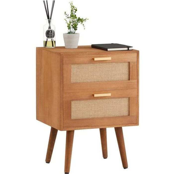 Table de chevet WAMAN petite commode de nuit avec 2 tiroirs en bois de paulownia lasuré brun et lin naturel style vintage Table de chevet WAMAN petite commode de nuit avec 2 tiroirs en bois de paulownia lasuré brun et lin naturel style vintage