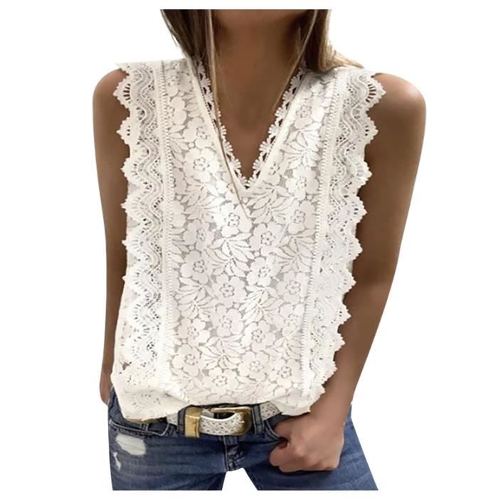 Chemise sans manches en dentelle sexy à la mode pour femmes g31765 Blanche - Prêt-à-Porter