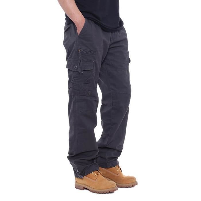 Pantalon Cargo Homme Multi Poches Regular Droit Taille Elastique Pantalon de Travail Coton Couleur Unie - Gris foncé