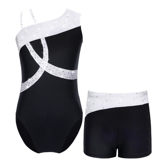 Justaucorps Gymnastique Fille Avec Short - Strass Et Bandeau - Danse, Gym, Patinage - Taille 5-16 Ans