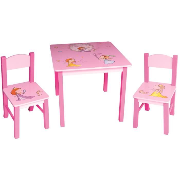 Ensemble table et 2 chaises pour enfant en bois coloris rose motif