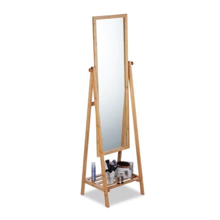 relaxdays miroir sur pied en bambou, inclinlable, étagère, glace salle de bain, dressing, hxlxp : 160x40x36 cm, nature