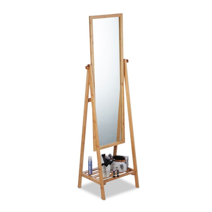 Relaxdays Miroir sur pied en bambou inclinlable étagère Glace salle de bain dressing HxLxP : 160x40x36 cm nature