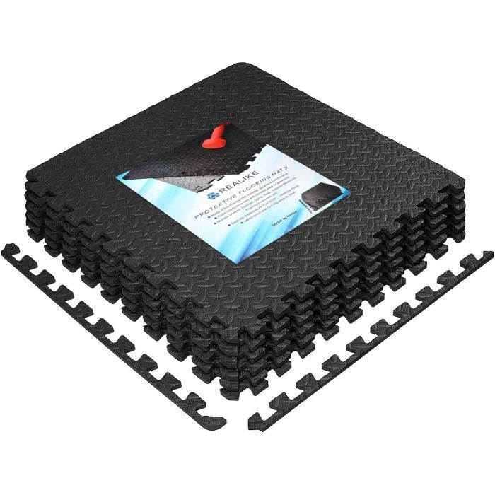 Tapis De Sol Mousse EVA 12 Dalles 60x60 Cm - Protection Fitness, Gym, Garage, Aire De Jeux Enfants, Noir, 4,32 M² + Bordures