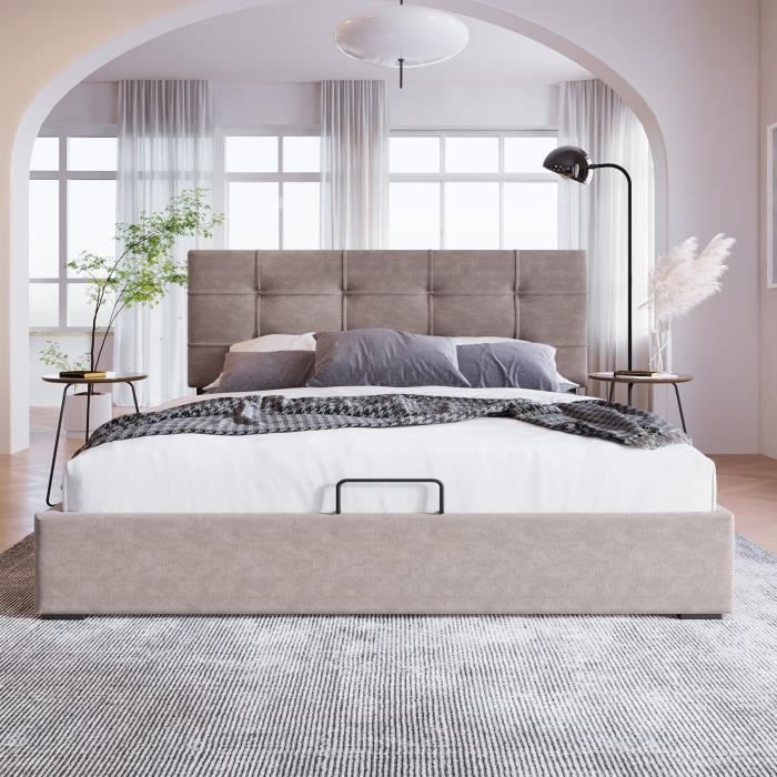 Lit adulte hydraulique canapé convertible tête de lit réglable gris clair velours 140x200 cm
