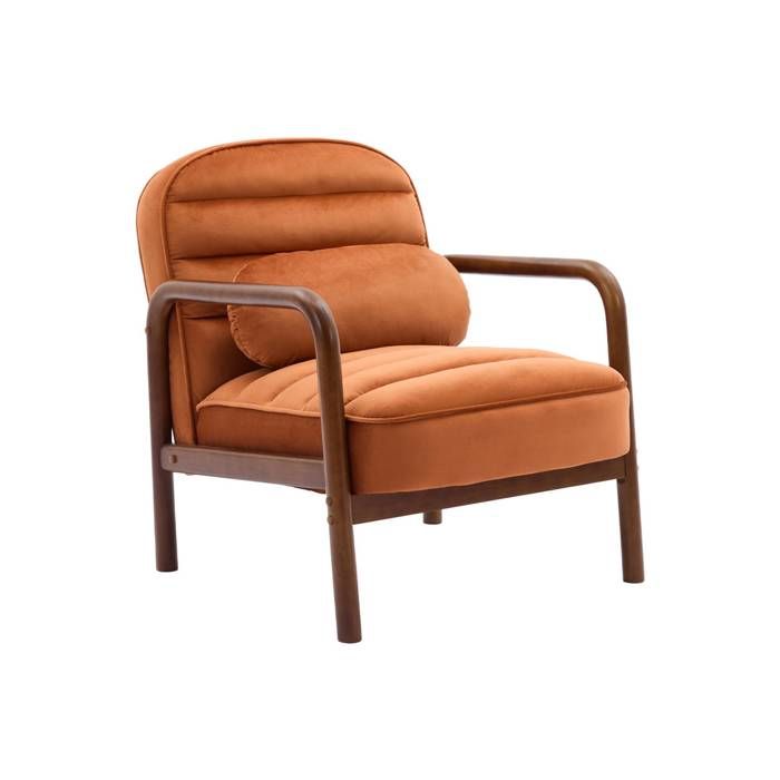 Fauteuil scandinave bois dhévéa teinté noyer et tissu velours terracotta