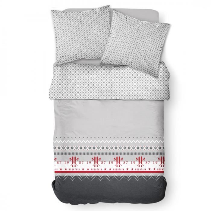 Parures drap plat - Parure de lit ski en coton - Winter - 220 X 240 cm - Gris Blanc
