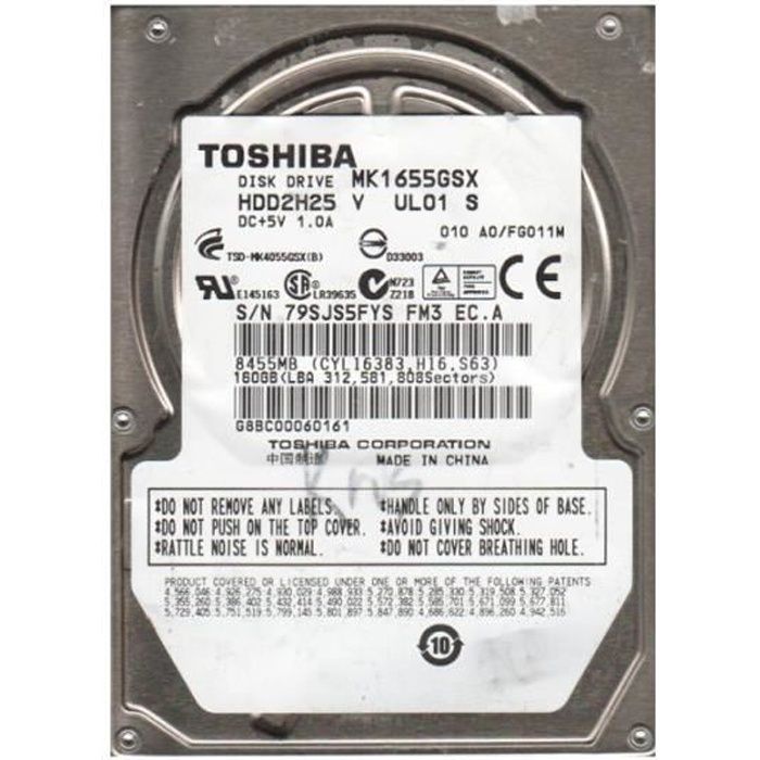 Disque Dur 160Go SATA 2.5" Toshiba MK1655GSX 5400 RPM 8Mo Pc Portable