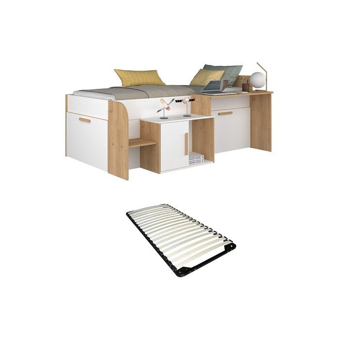 Lit combiné 90 x 200 cm avec bureau et rangements - Coloris : Blanc et naturel + Sommier - PEDRO Lit combiné 90 x 200 cm avec bureau et rangements - Coloris : Blanc et naturel + Sommier - PEDRO
