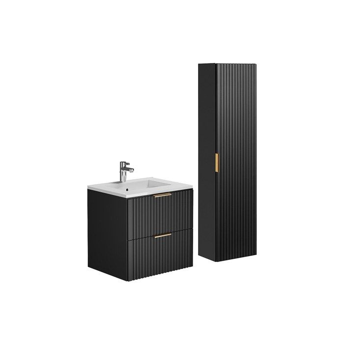Meuble de salle de bain strié avec vasque à encastrer et colonne - Noir - 60 cm - ZEVARA