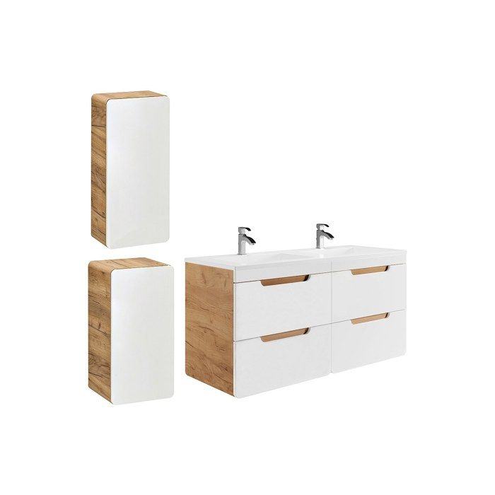 Meuble de salle de bain suspendu avec vasque à encastrer et deux colonnes - 120 cm - Coloris naturel et blanc - ARUBA
