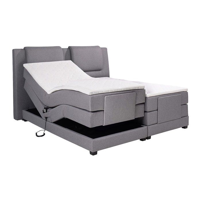 Ensemble complet boxspring tête de lit + sommiers relaxation électrique + matelas + surmatelas - 2 x 90 x 200 cm - Tissu - Gris Ensemble complet boxspring tête de lit + sommiers relaxation électrique + matelas + surmatelas - 2 x 90 x 200 cm - Tissu - Gris