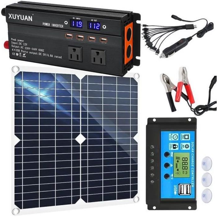 Convertisseur 12v/24V - 220V 1200W Onduleur avec Kit de Panneau Solaire Chargeur de Batterie Kit avec régulateur de Charge Solaire Convertisseur 12v/24V - 220V 1200W Onduleur avec Kit de Panneau Solaire Chargeur de Batterie Kit avec régulateur de Charge Solaire