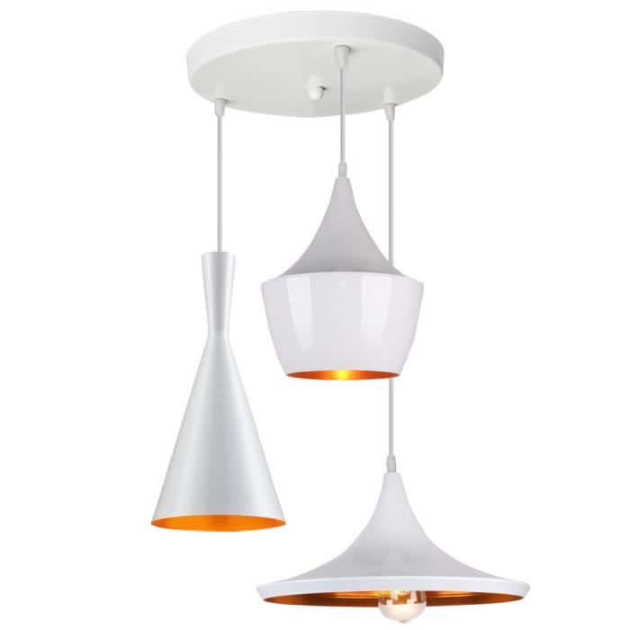 Suspension UNI Lustre en Disque Blanc - WOTTES - Vintage Industriel - 3 Ampoules E27 - Diamètre 30cm