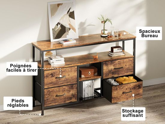 Meuble TV Avec éclairage LED Et 4 Tiroirs En Tissu - Cadre En Fer Marron - 137x30x78 Cm - Pieds Réglables, Rangement Optimisé