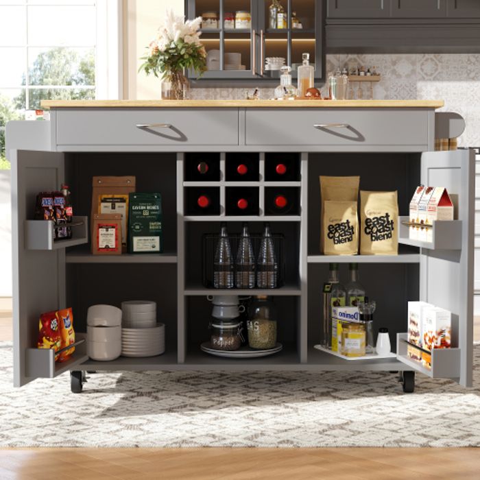 Îlot De Cuisine Mobile Avec Roulettes Et Plan Extensible - 180x45x92 Cm - Gris, Rangement Et Gain De Place