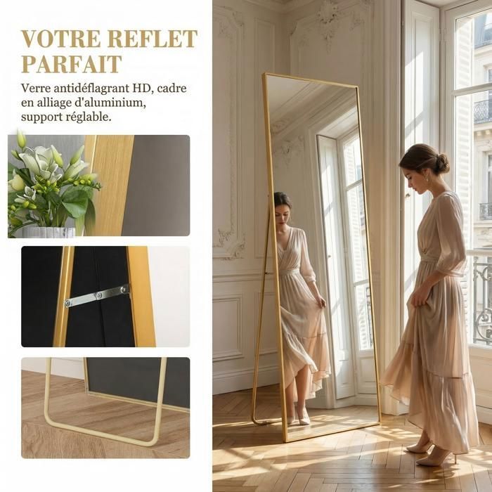 Miroir Pleine Longueur 160x50 Cm Sur Pied - Cadre Aluminium Ondulé Noir - Pour Chambre, Dressing, Salle De Bain - Design Moderne
