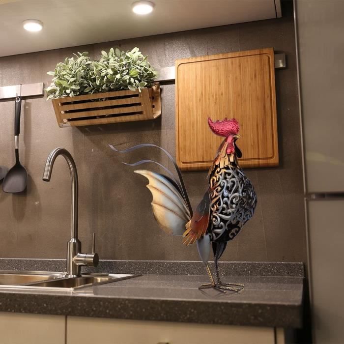 Sculpture Coq En Fer Creux - Statue Décorative Métal Pour Jardin Terrasse Maison - 39,5x50 Cm